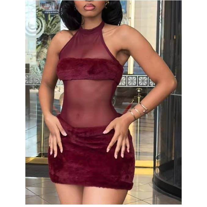 Mesh Fur Mini Dress