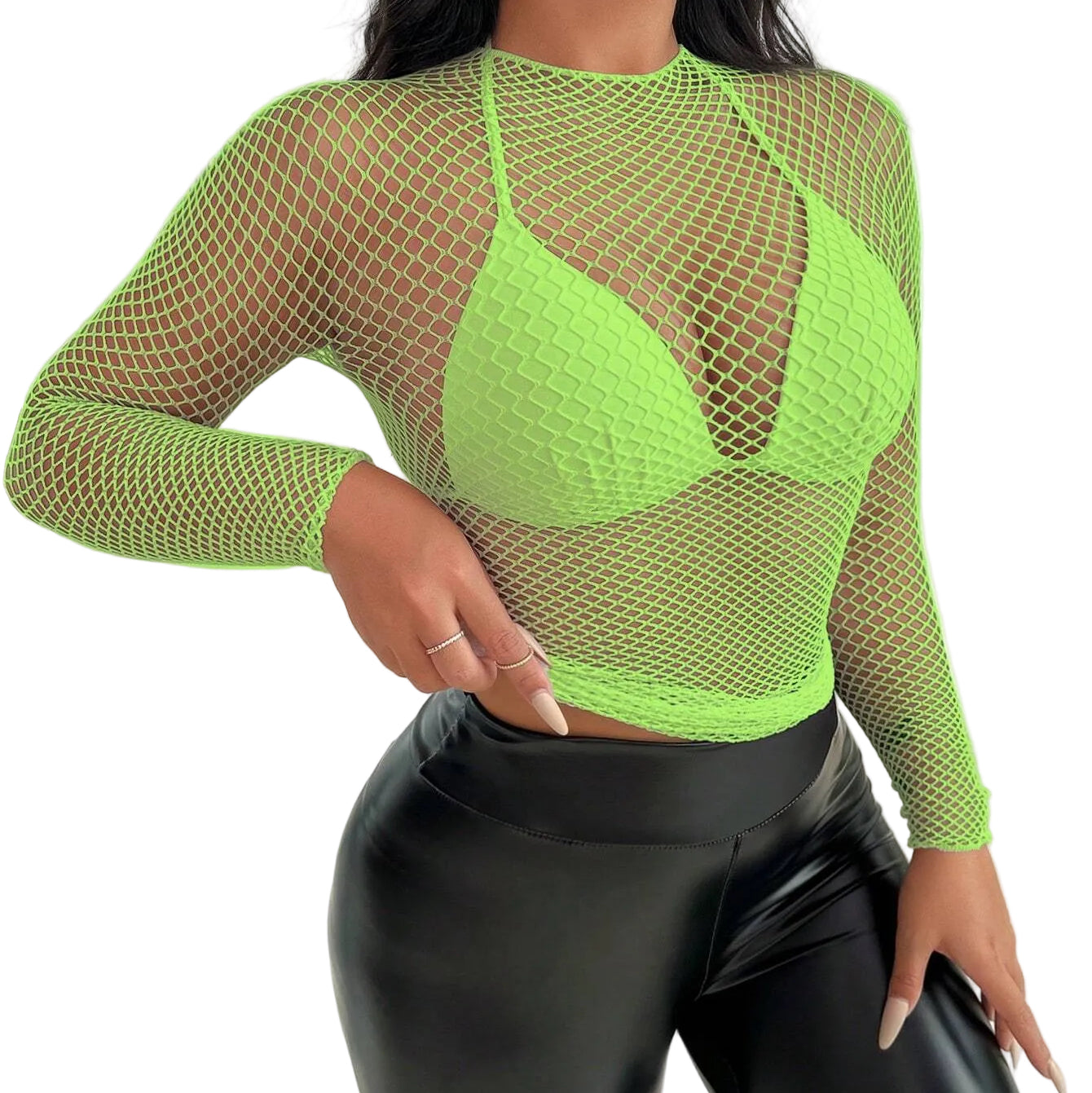 Person wearing a neon green mesh top and black pants in an indoor setting