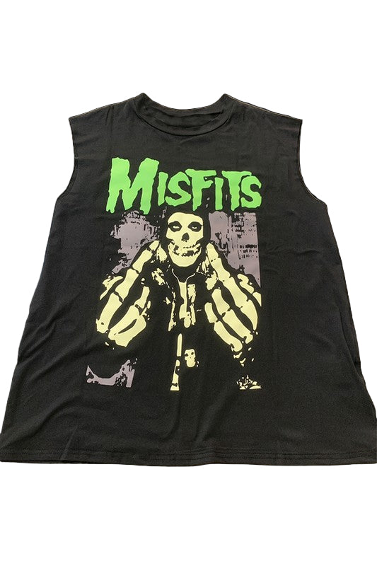 Black sleeveless shirt with green 'Misfits' text and skeleton design on a gray surface