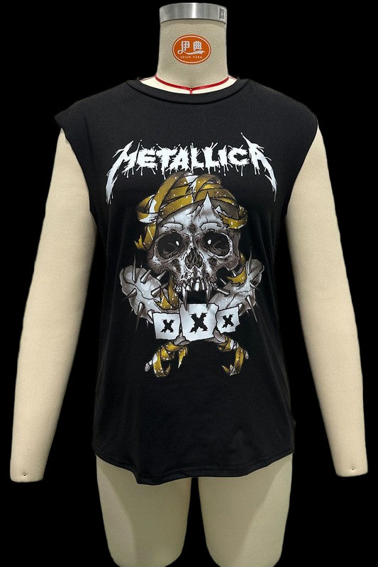 Black sleeveless shirt with Metallica graphic on a mannequin against a white background