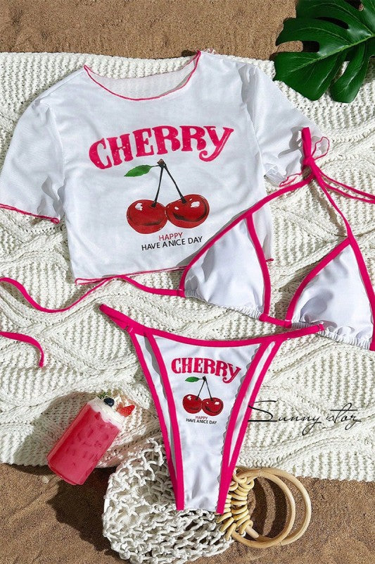 Cherry Print Bikini 3 Piece Set