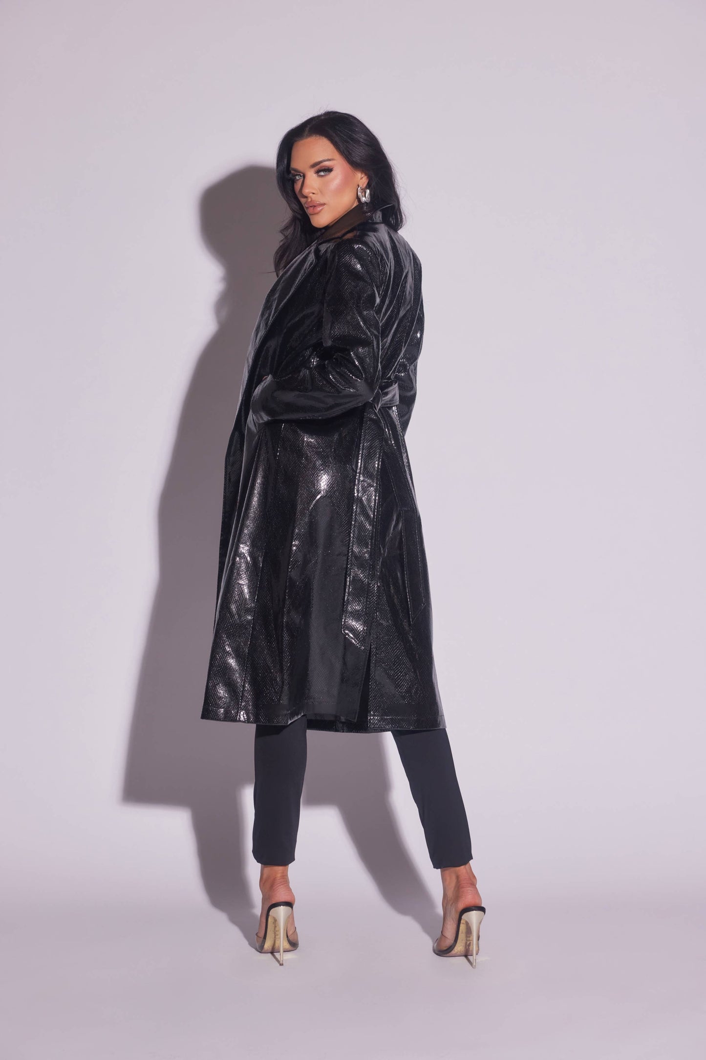 Black Snake Print Faux Leather Midi Jacket