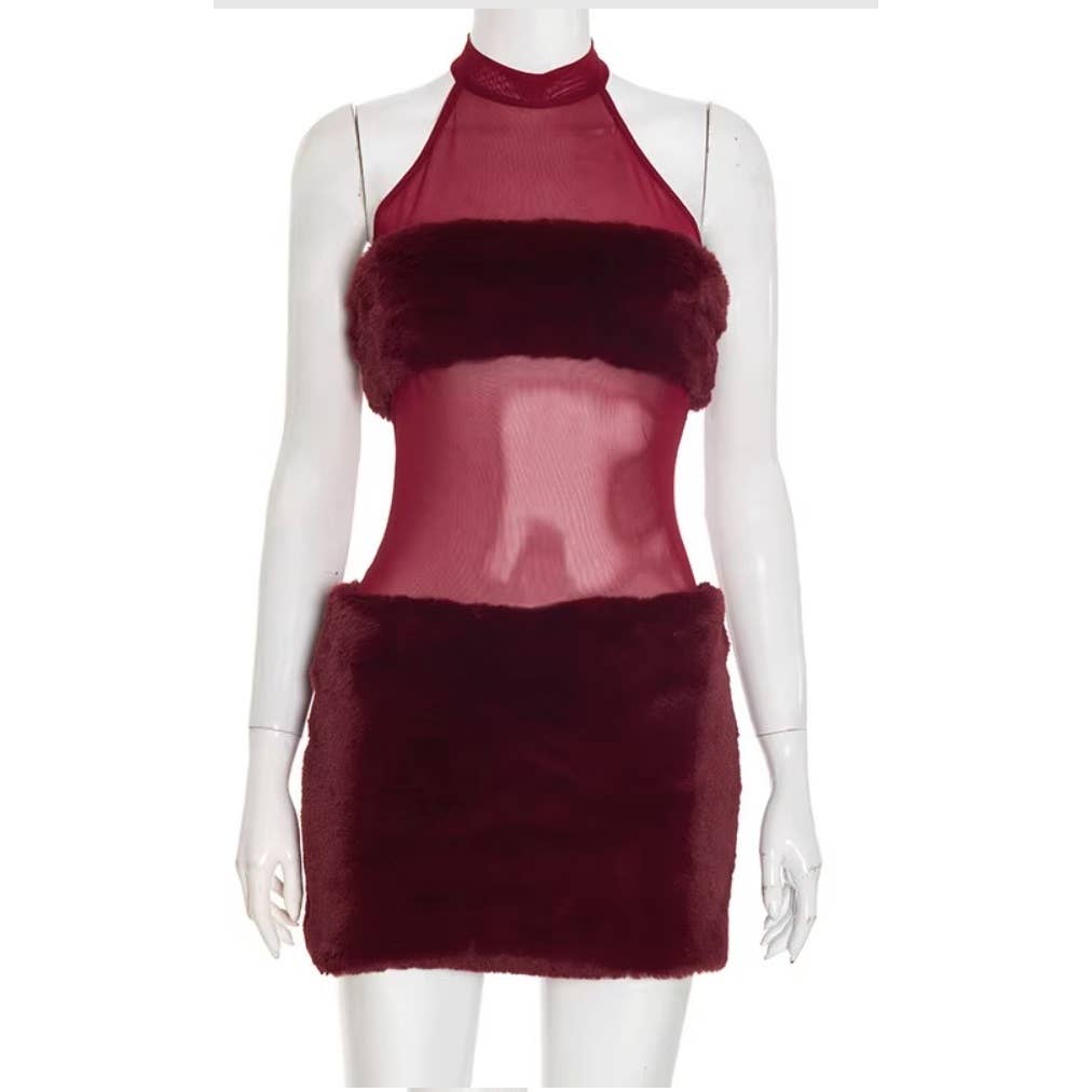 Mesh Fur Mini Dress