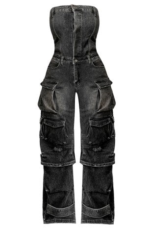 Black Washed Cargo Jumpsuit