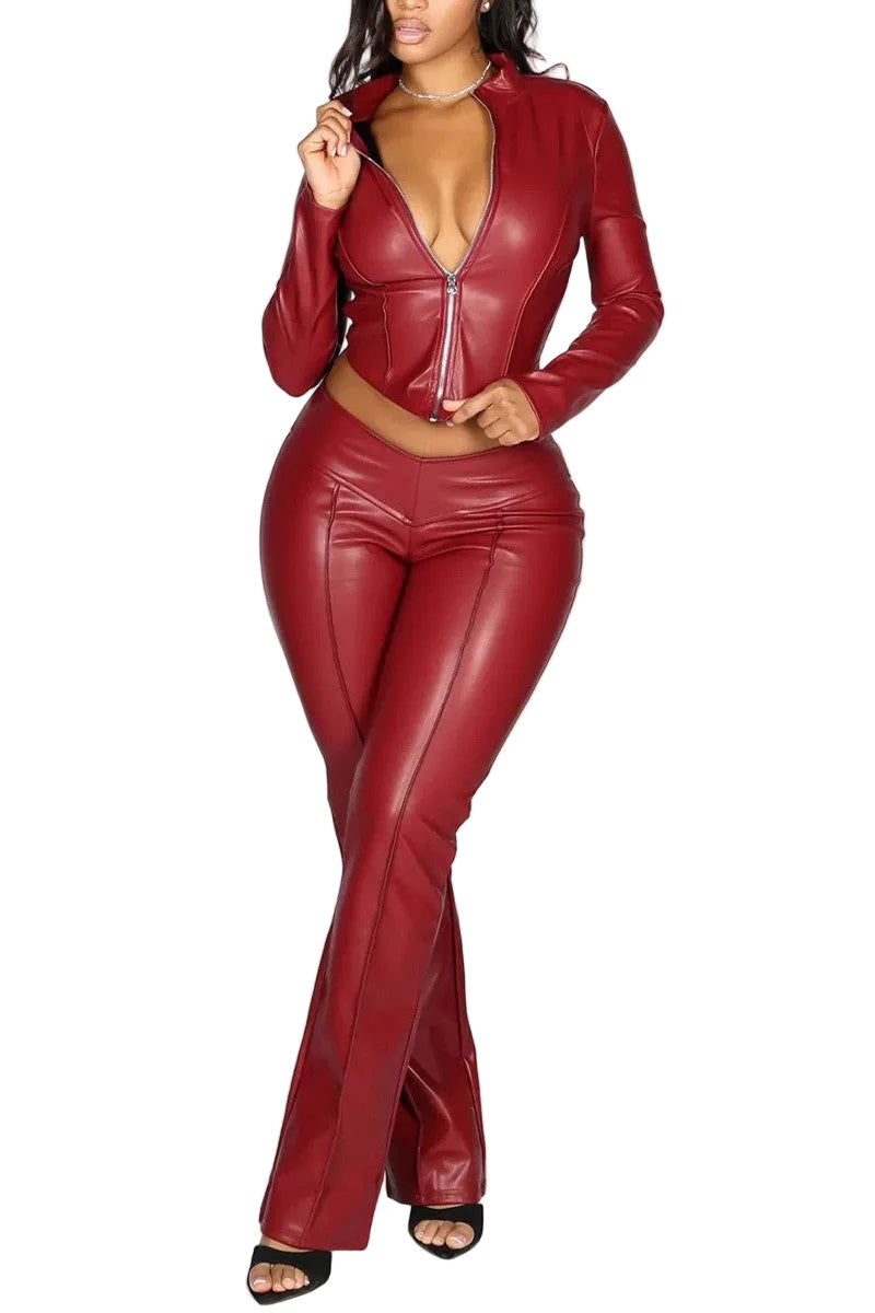 Assymetrical Leather Jacket And Pants Set