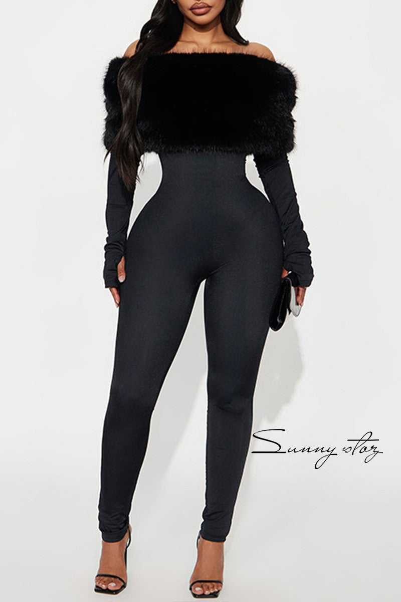 Shoulder Fur  Bodycon Jumpsuit