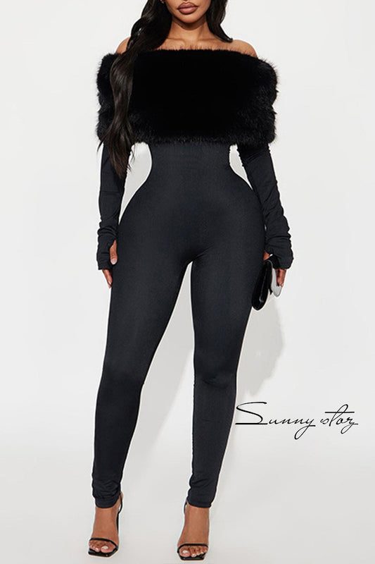 Shoulder Fur  Bodycon Jumpsuit