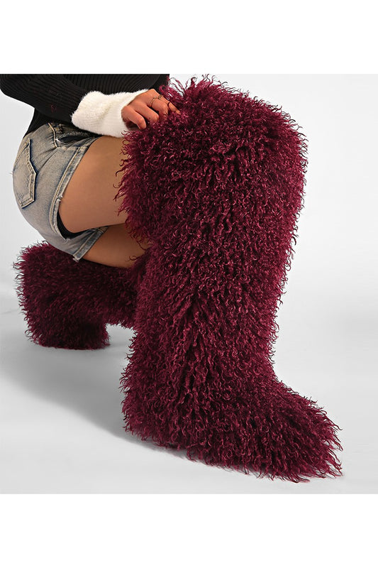 Shaggy Fur THIGH High Boots Maroon