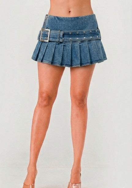 Pleated Denim Mini Skirt