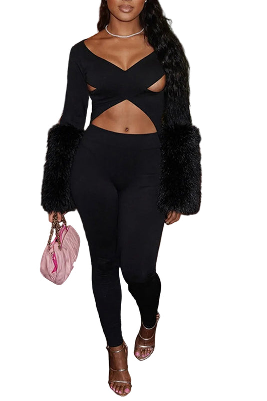 Val's Faux Fur Sleeve Jumpsuit