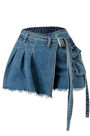 Denim Cargo Skorts With Belt