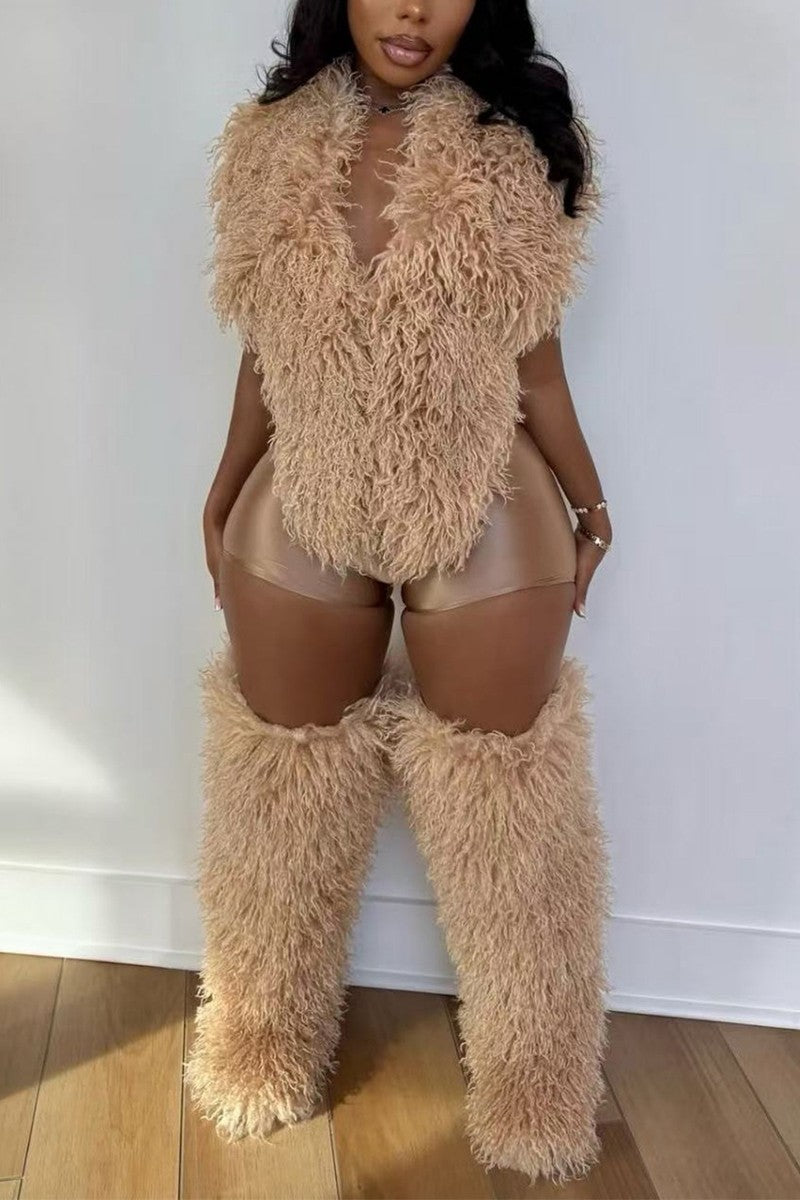 Shaggy Fur THIGH High Boots Nude