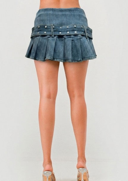 Pleated Denim Mini Skirt